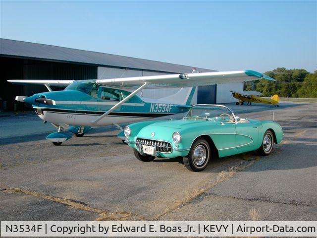 N3534F, 1966 Cessna 182J Skylane C/N 18257534, Edward E. Boas Jr.'s 1966 Cessna Skylane C182J, his 1957 Corvette, is serial number 0002! and (in the background) his friend's one-owner 1946 Piper J3, bought the Piper new in '46
