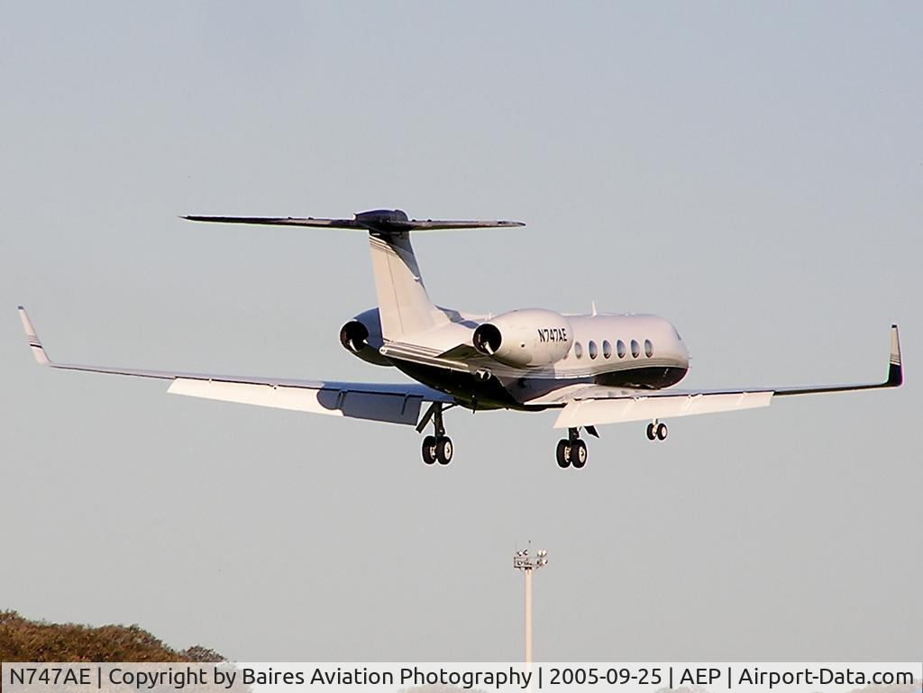 N747AE, 2005 Gulfstream Aerospace GV-SP (G550) C/N 5065, Beginning his flare over the piano keys of RWY 13. This was an unusual afternoon, with 2 Gulfstreams arriving at AEP, and a couple of Falcons arriving and departing. It’s always nice to have a change to B732 and MDs. (Olympus C-740)