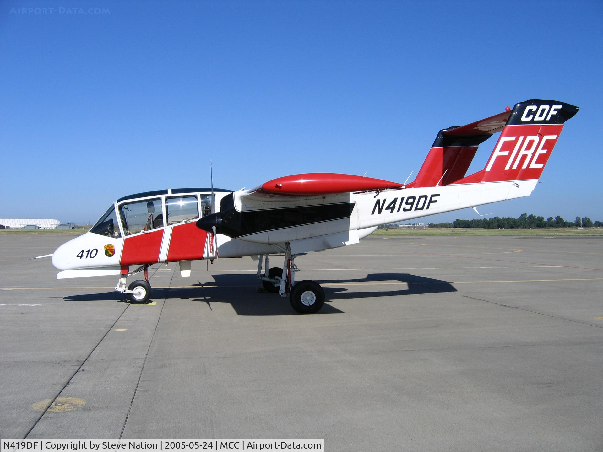N419DF, North American OV-10A Bronco C/N 305104M56, CDF OV-10A lead plane #410 on CDF ramp at McClellan AFB, CA.  Destroyed on September 6, 2006 22 miles NE of Porterville, CA after flying into box canyon.  Pilot and CDF batallion chief fatally injured.