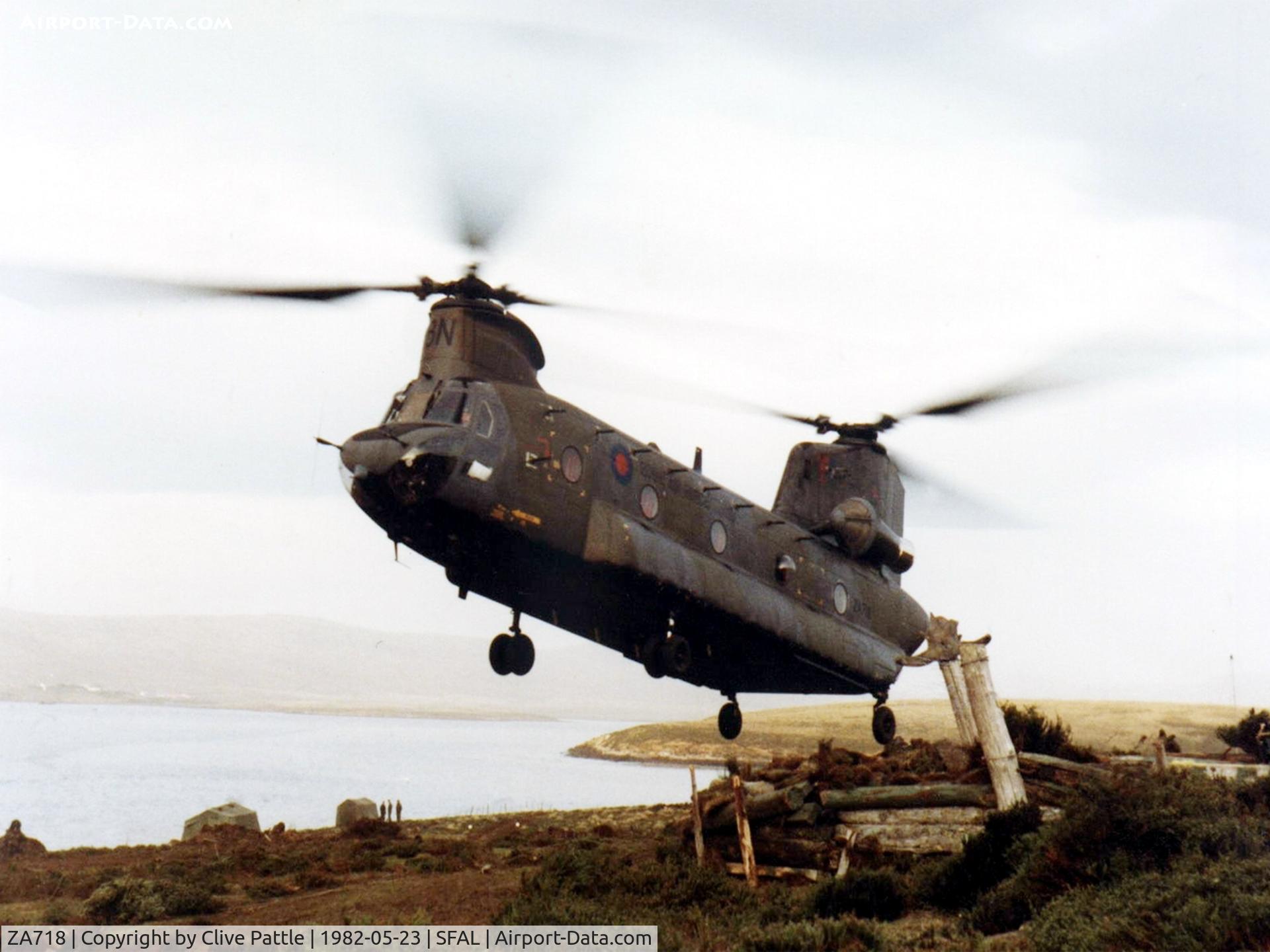 ZA718, Boeing Vertol Chinook HC.2 C/N M/A030/B-849/M7001, Bravo November in action during the Falklands War, picture taken off airport at Ajax Bay by a fellow Marine and uploaded with permission.
