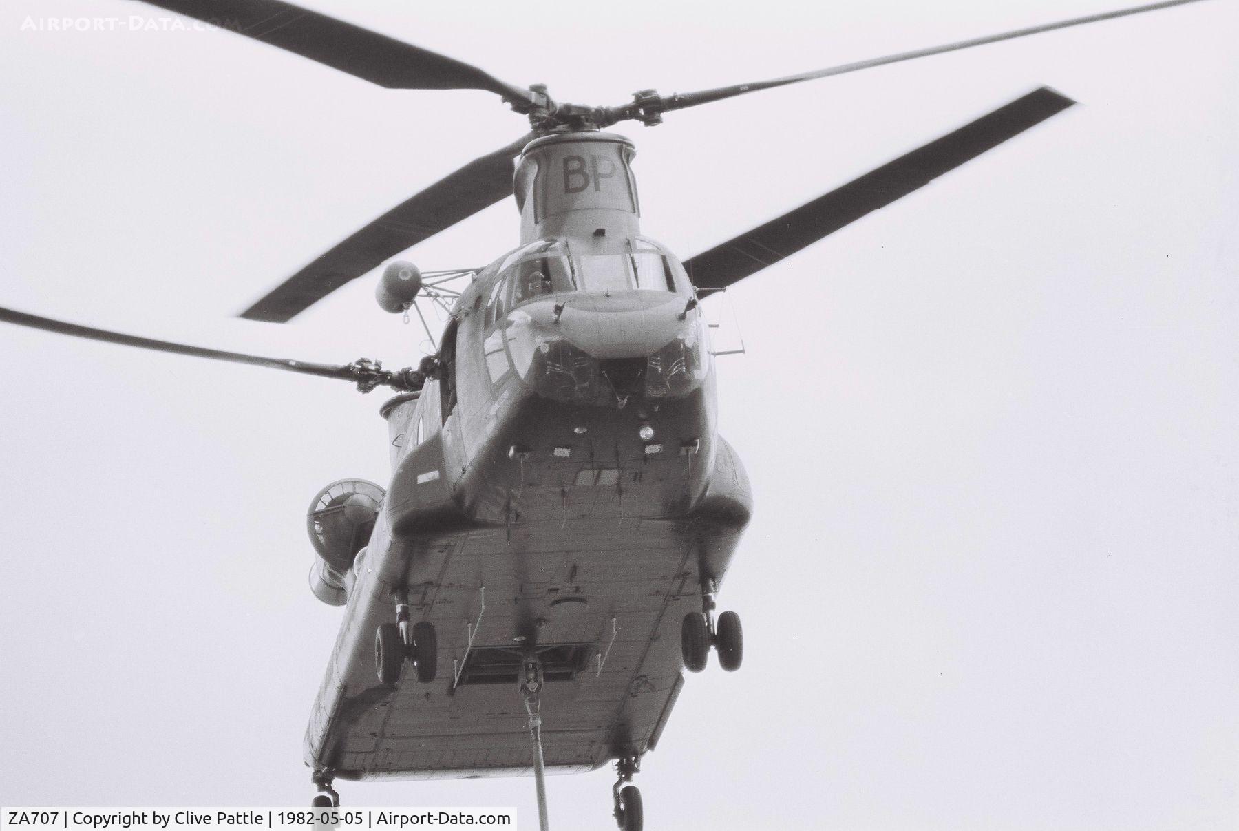 ZA707, 1981 Boeing Vertol Chinook HC.1 C/N M/A019/B-837/M7025, Chinook HC.1 coded 'BP' of RAF 18Sqn, pictured hovering over me on RFA Stromness (A344) carrying out 'Vertrep' off Ascension Island during the build up to the Falklands War.