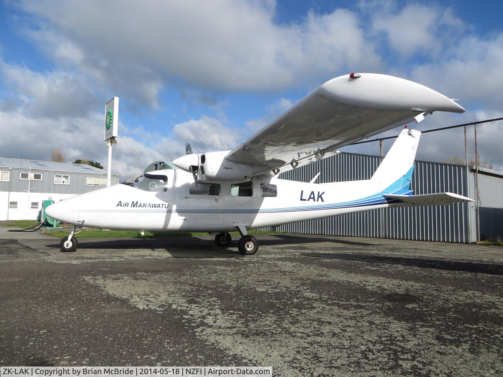 ZK-LAK, Partenavia P-68C C/N 327, Air Manawatu. Partenavia P-68C. ZK-LAK cn 327. Fielding Aerodrome (ICAO NZFI). Image © Brian McBride. 18 May 2014