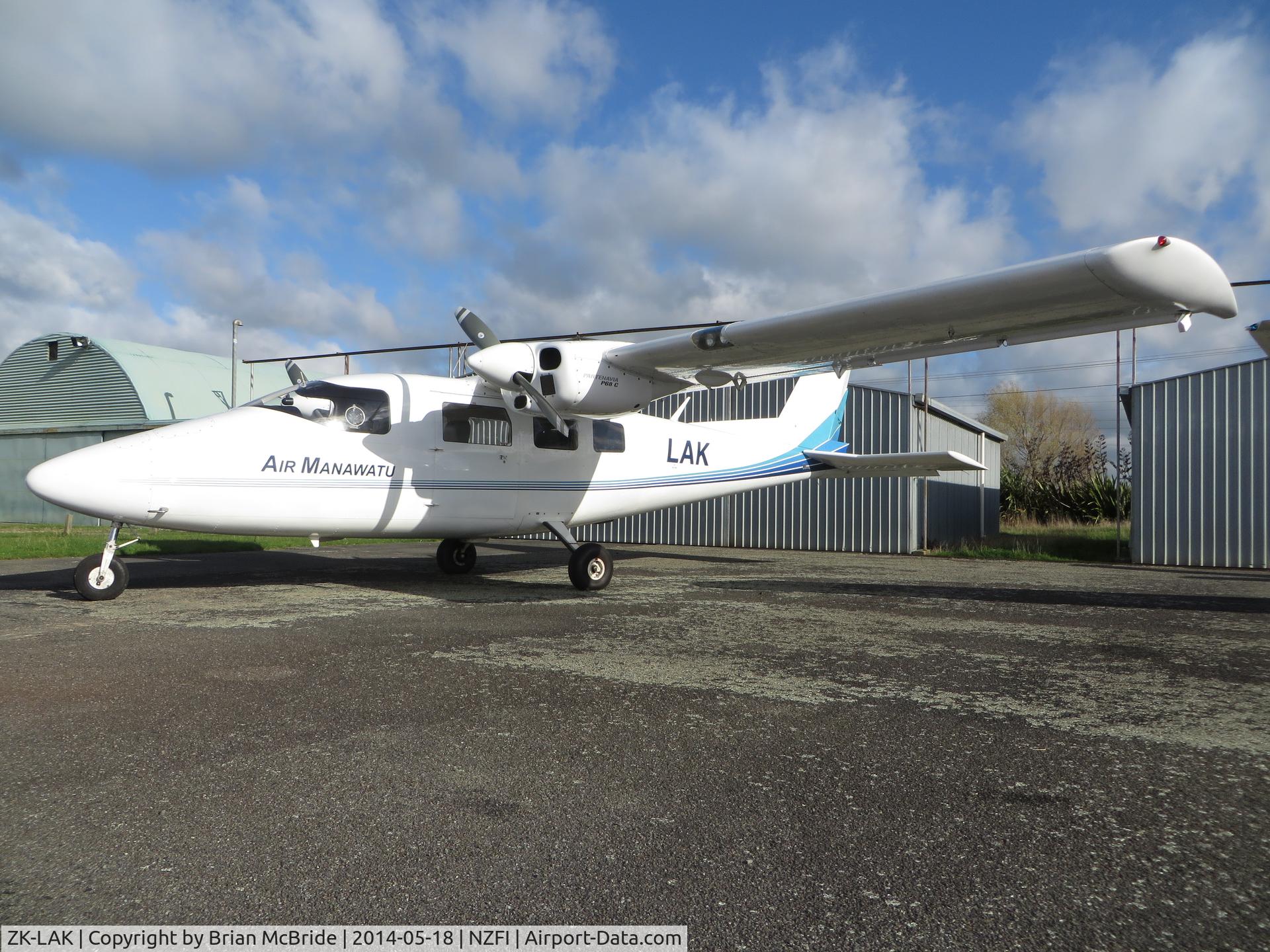 ZK-LAK, Partenavia P-68C C/N 327, Air Manawatu. Partenavia P-68C. ZK-LAK cn 327. Fielding Aerodrome (ICAO NZFI). Image © Brian McBride. 18 May 2014