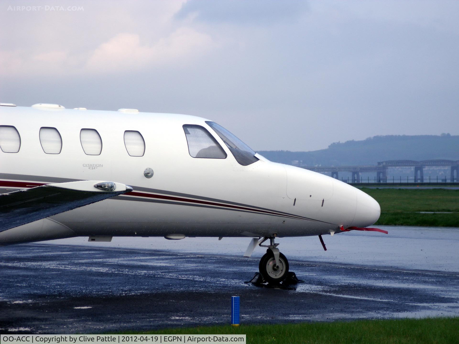 OO-ACC, 2008 Cessna 525A CitationJet CJ2+ C/N 525A-0431, Evening apron shot at Dundee Riverside EGPN looking towards the Tay Rail Bridge