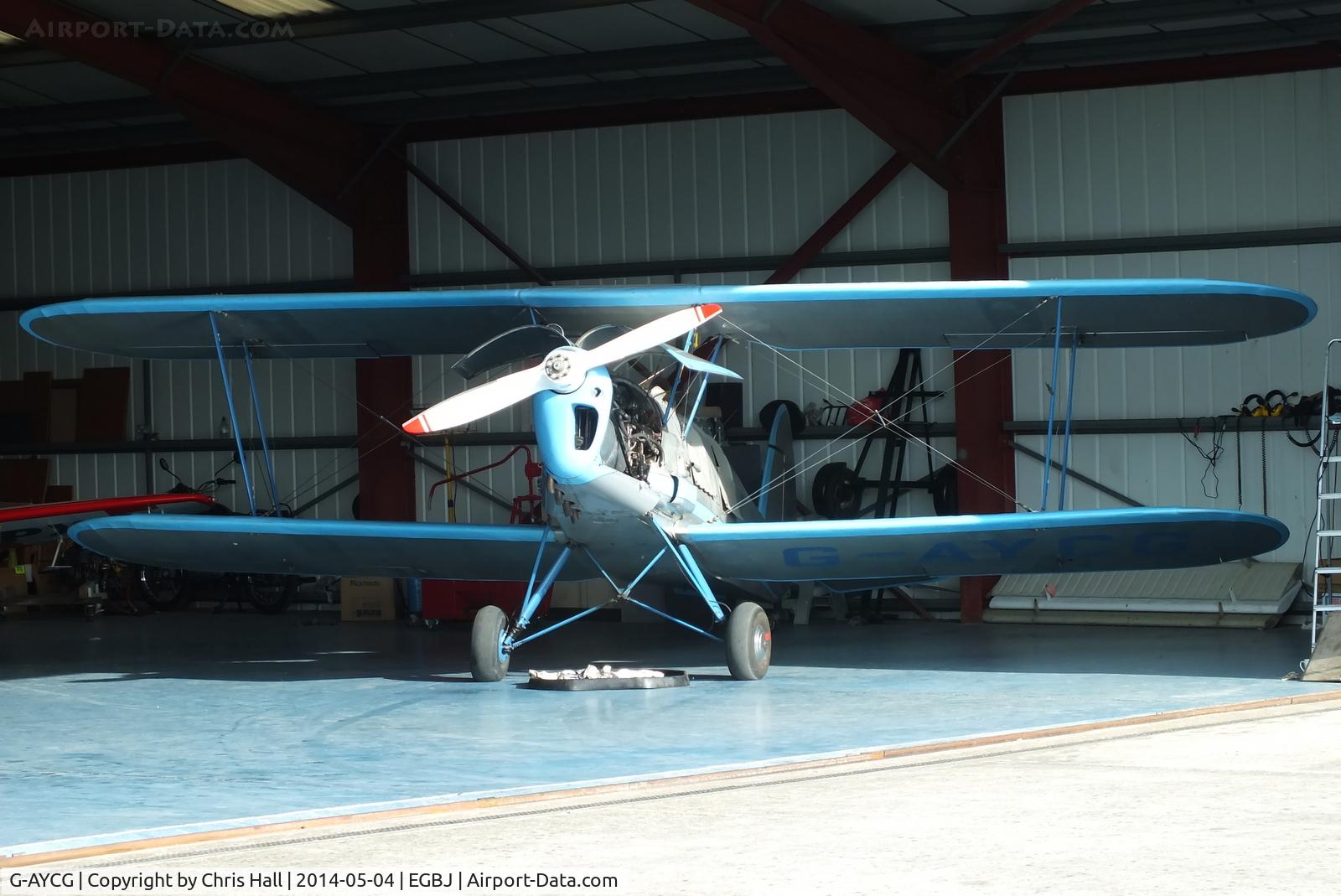 G-AYCG, 1970 Stampe-Vertongen SV-4C C/N 59, in the Tiger Airways hangar at Staverton