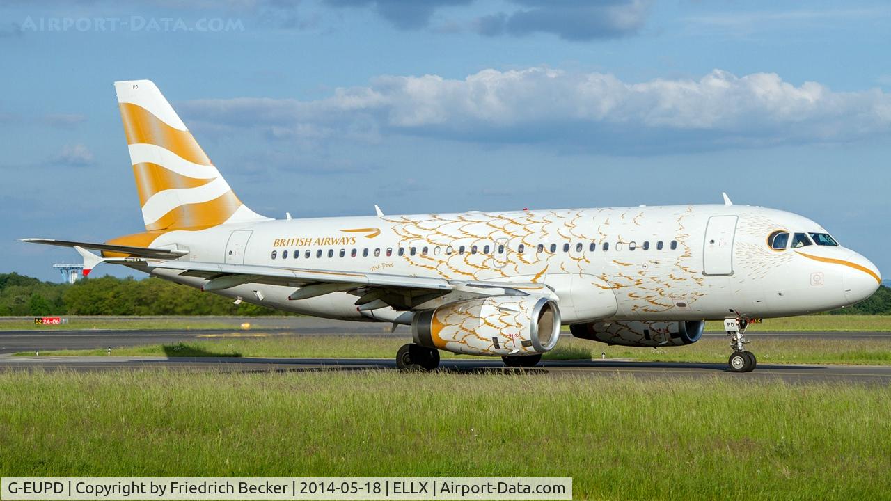 G-EUPD, 1999 Airbus A319-131 C/N 1142, taxying to the active at Luxembourg