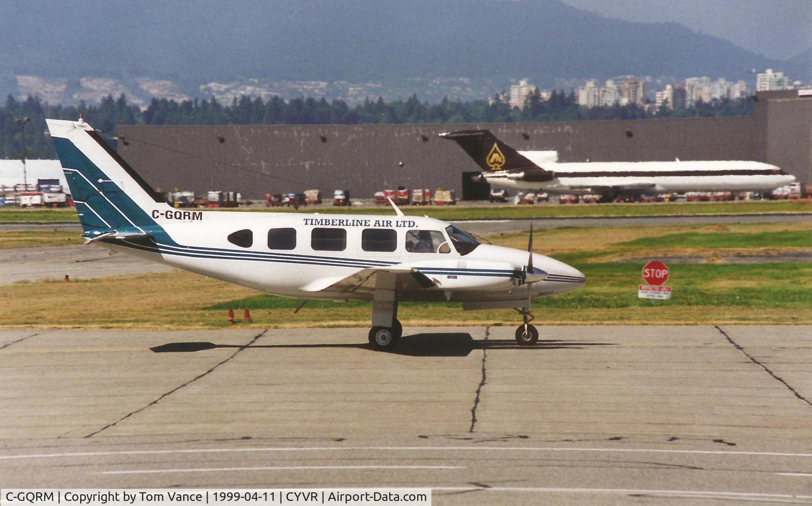 C-GQRM, 1968 Piper PA-31 Navajo C/N 31-158, Timberline Air at CYVR on taxi to the departure runways. Date apprx April 1999.