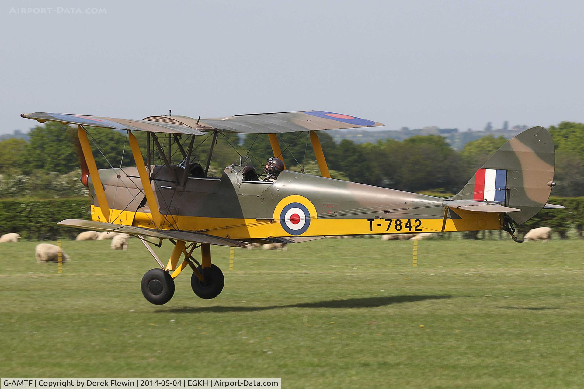 G-AMTF, 1941 De Havilland DH-82A Tiger Moth II C/N 84207, T-7842, seen departing runway 28 at EGKH.