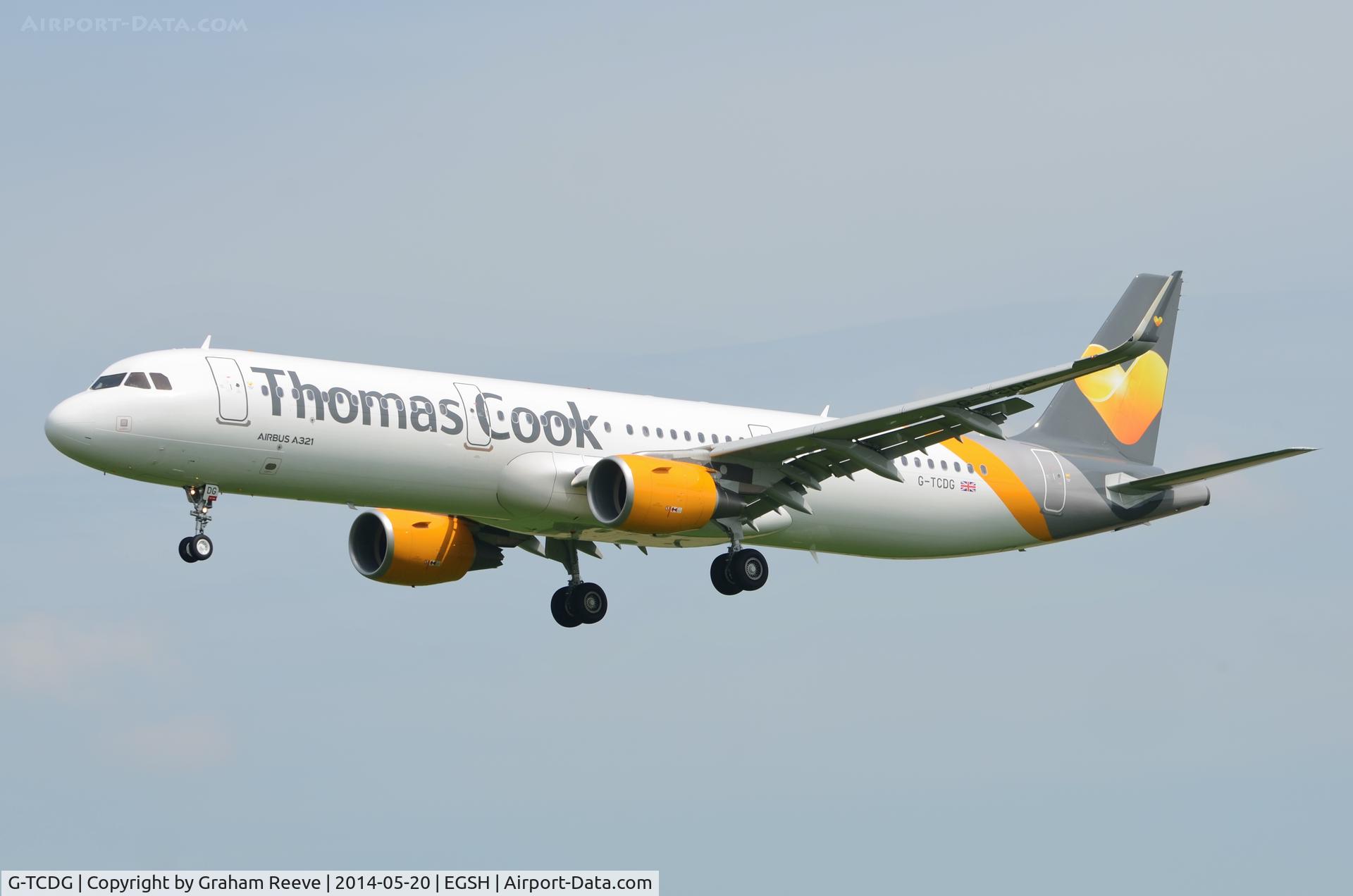 G-TCDG, 2014 Airbus A321-211 C/N 6122, About to touch down at Norwich.