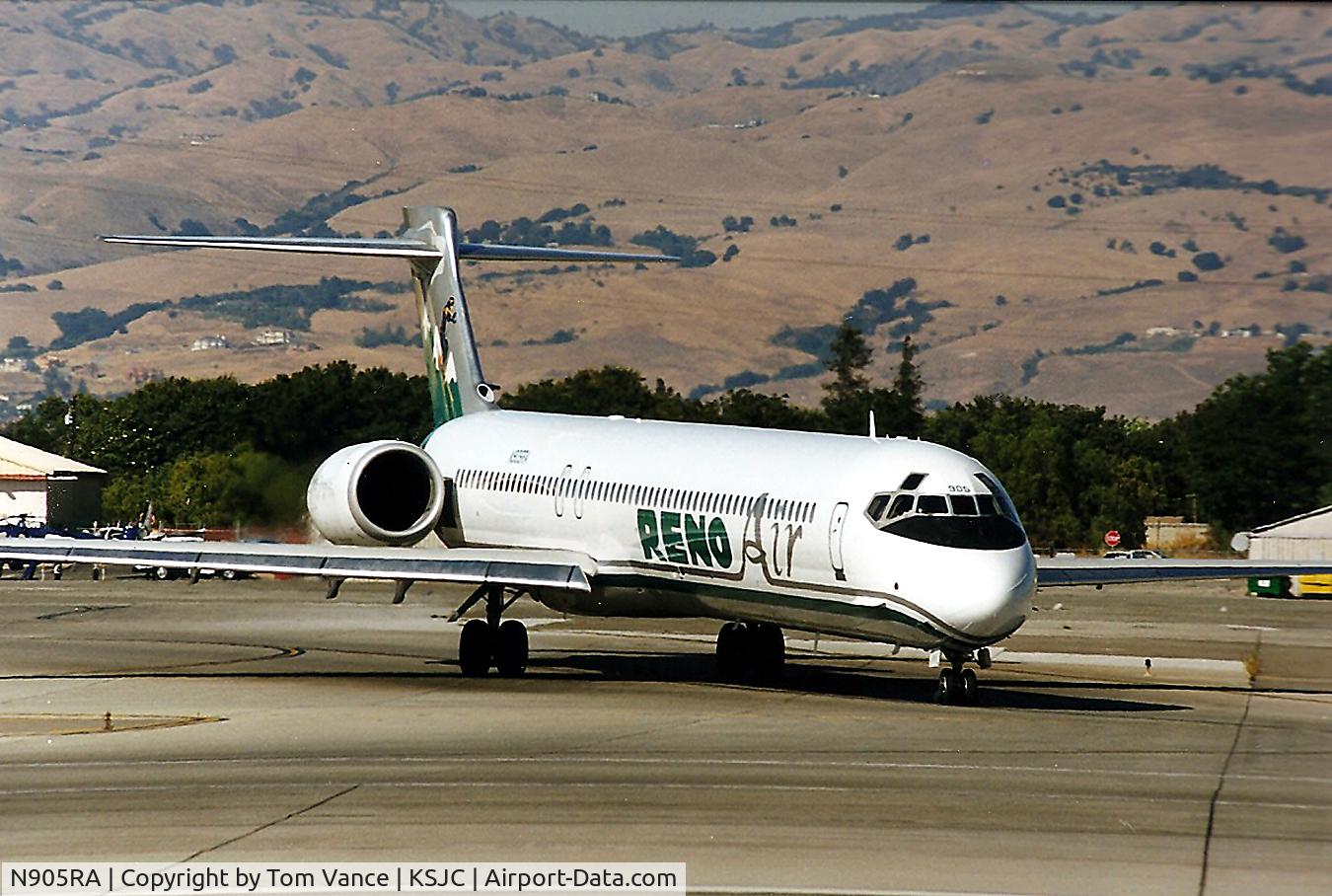N905RA, 1997 McDonnell Douglas MD-90-30 C/N 53573, KSJC - RenoAir MD-90 set to roll to 30L for a flight to KSNA.