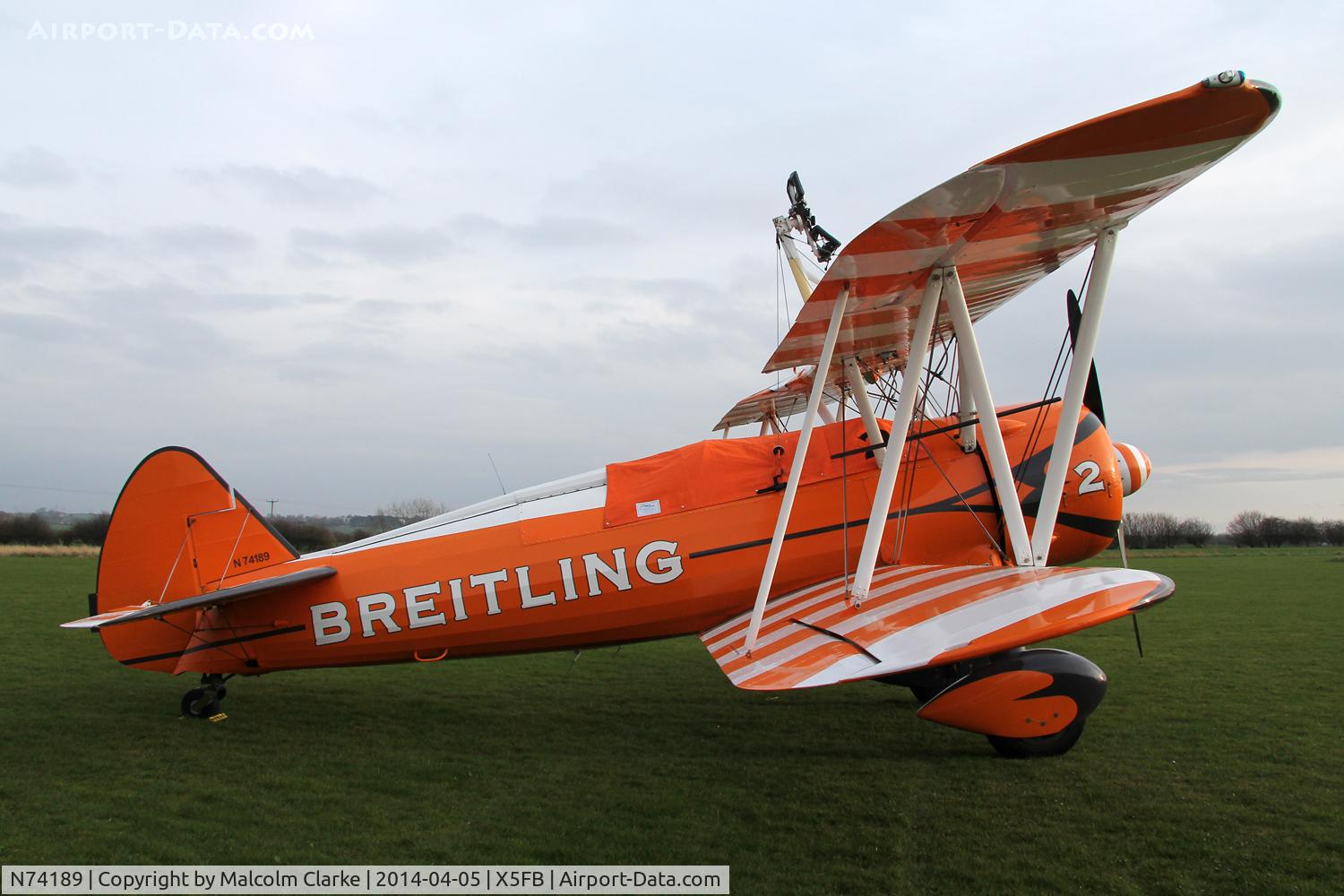 N74189, 1941 Boeing PT-17/R985 Kaydet (A75N1) C/N 75-717, The Breitling Teams Boeing PT-17 N74189, overnighting at Fishburn prior to a first UK performance in 2014 at Littlehaven's Promenade & Seawall opening celebrations, South Shields. April 5th 2014.