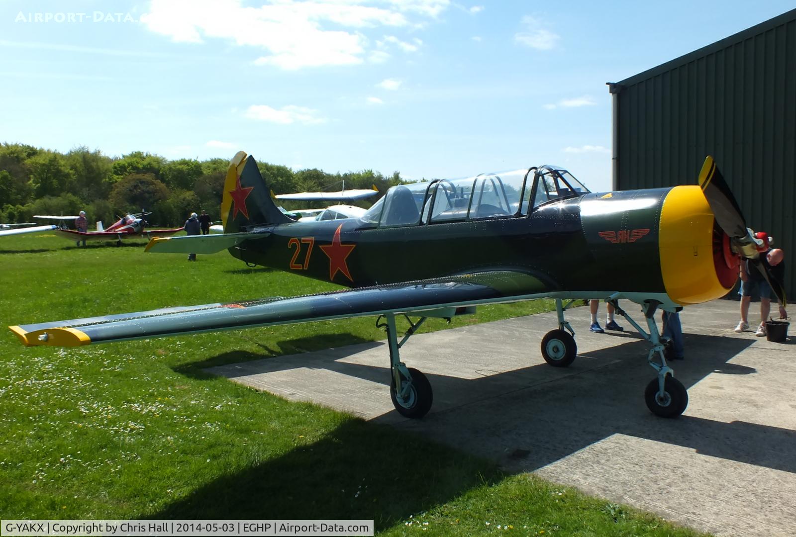 G-YAKX, 1991 Yakovlev (Aerostar) Yak-52 C/N 9111307, at the 2014 Microlight Trade Fair, Popham