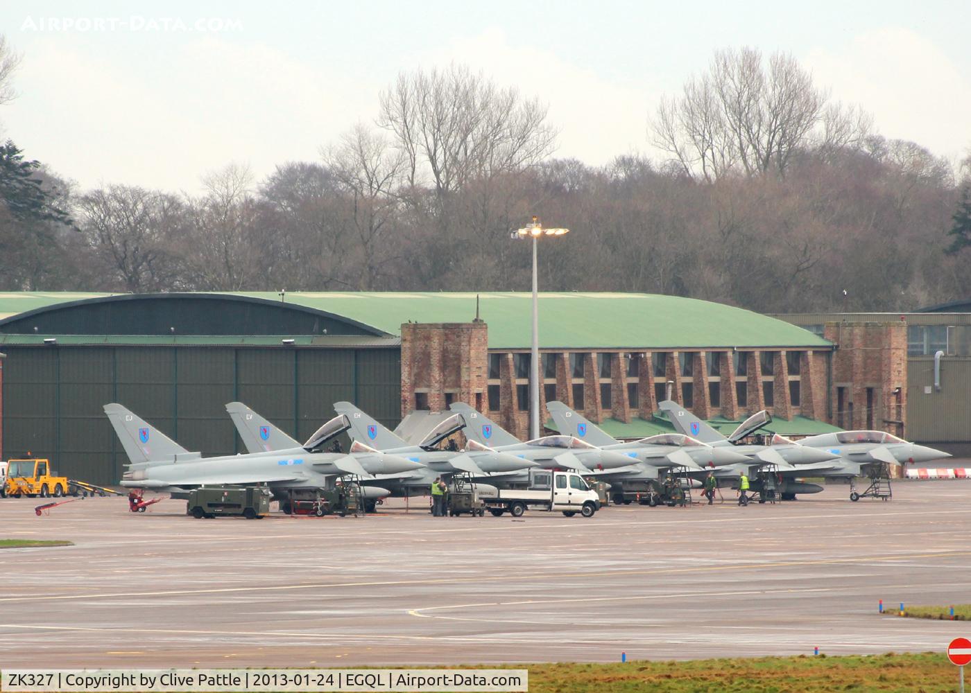 ZK327, 2011 Eurofighter EF-2000 Typhoon FGR4 C/N BS088/333, 6 Sqn RAF line-up at EGQL  L-R with FGR.4 ZK327/EJ, ZK320/EV, ZK333/EH, ZK304/EB, ZK306/ED, plus T.3 ZK381/EX