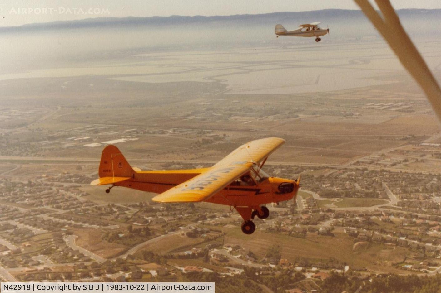 N42918, 1945 Piper J3C-65 Cub C/N 15254, 918 flying with Champ 93E in the SF Bay Area .