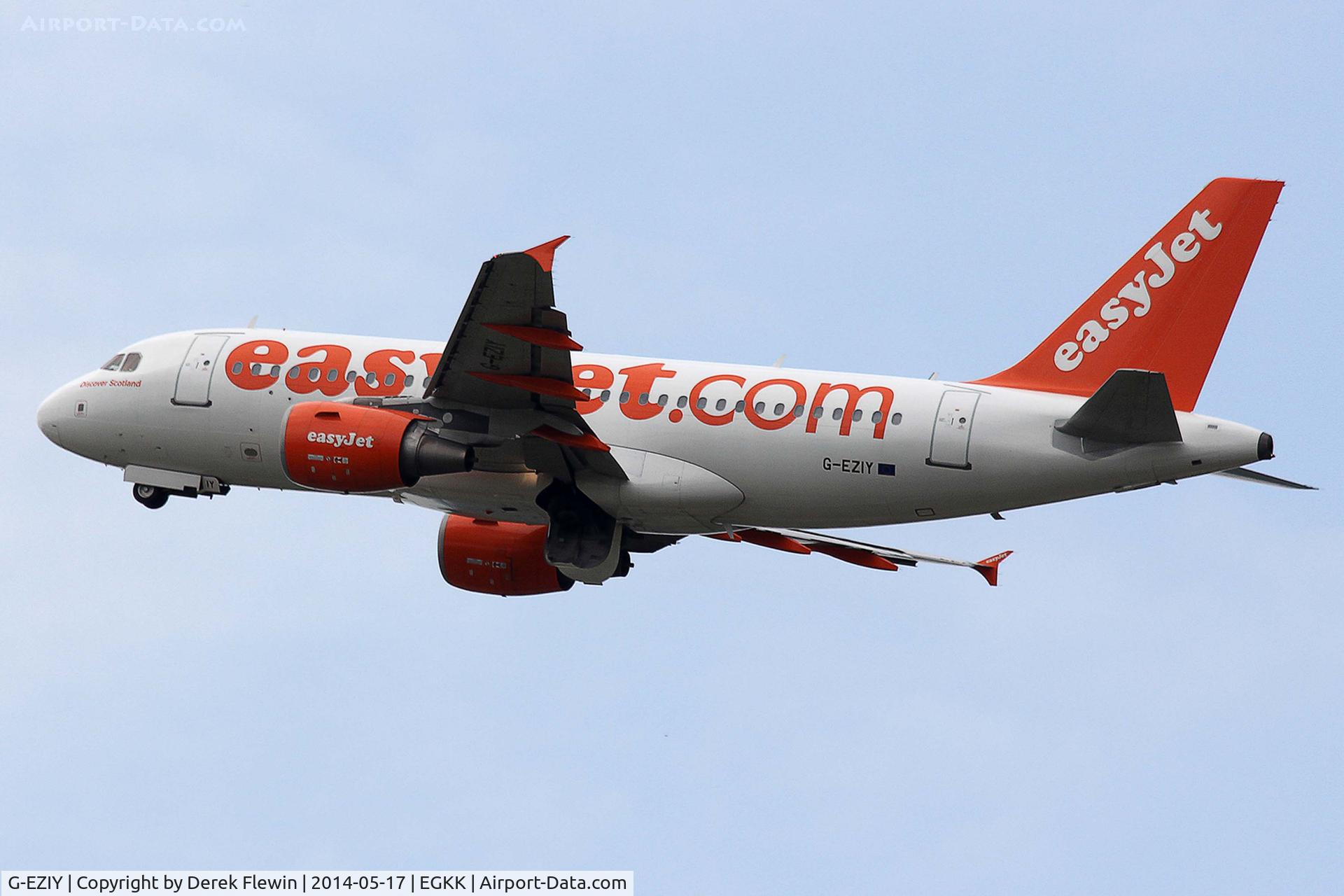 G-EZIY, 2005 Airbus A319-111 C/N 2636, Seen pulling out from runway 26R at EGKK.