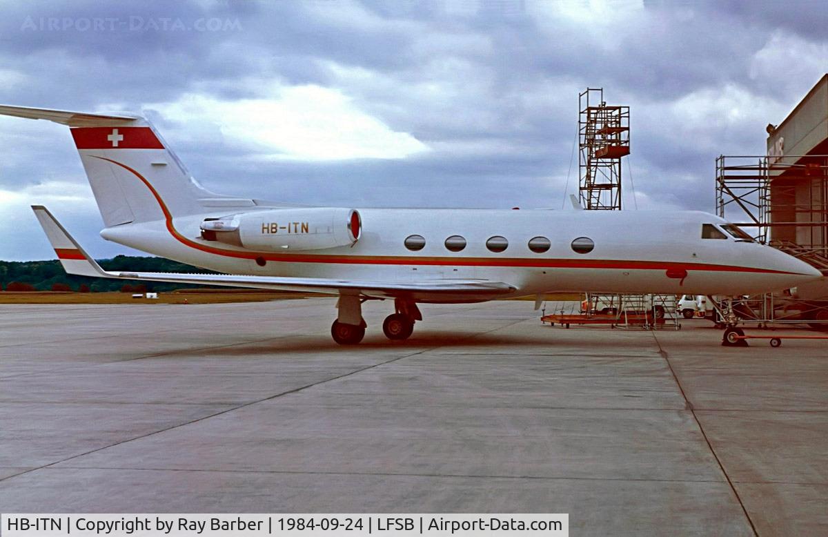 HB-ITN, 1983 Gulfstream American G-1159A Gulfstream III C/N 367, Gulfstream G3 [367] Basel/Mulhouse~HB 24/09/1984. From a slide.