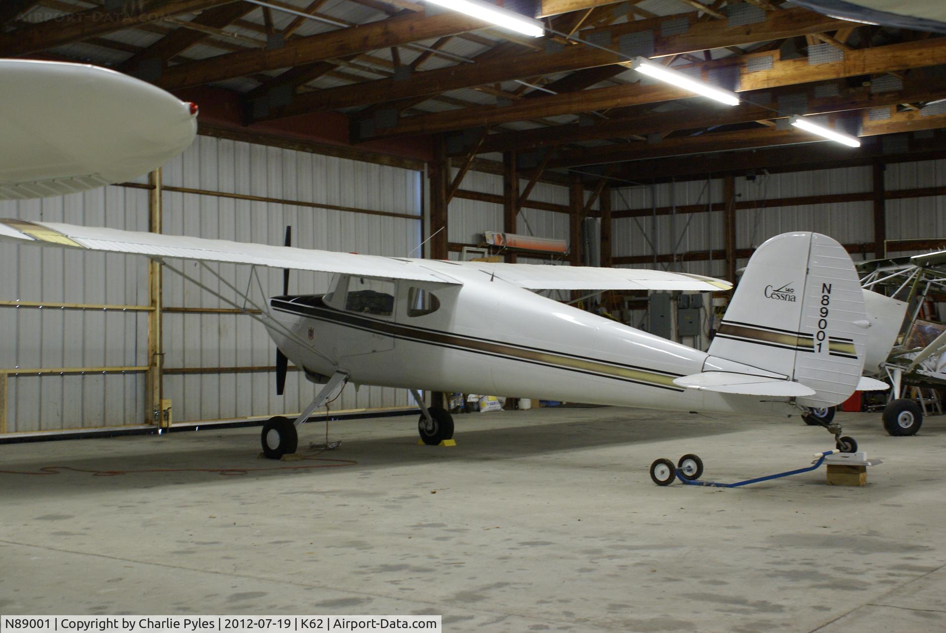 N89001, 1946 Cessna 140 C/N 8005, N89001 in her hangar at K62