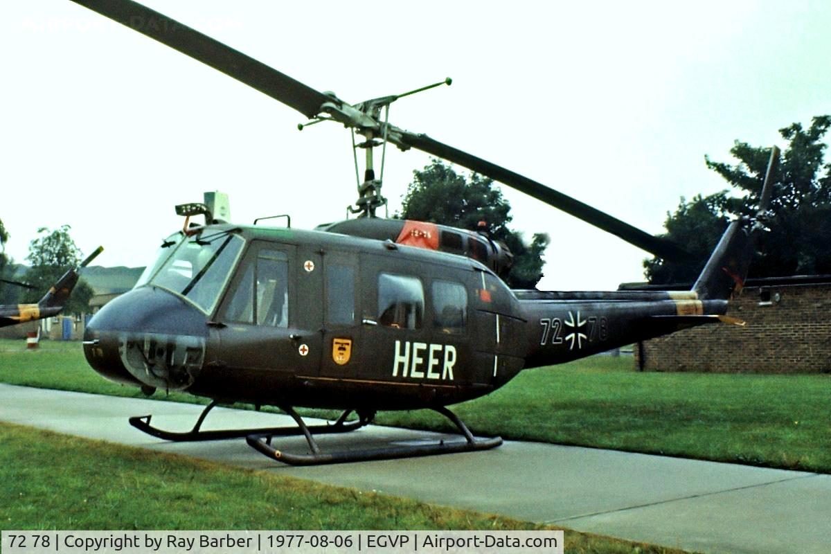 72 78, Bell (Dornier) UH-1D Iroquois (205) C/N 8398, Dornier UH-1D Iroquois [8398] (German Army) AAC Middle Wallop~G 06/08/1977. Taken from a slide.