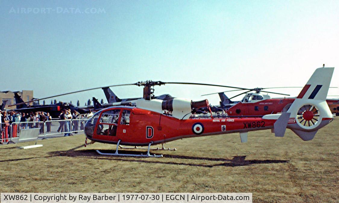 XW862, 1973 Westland SA-341D Gazelle HT3 C/N WA1104, Aerospatiale SA.341D Gazelle HT.3 [1104] (Royal Air Force) RAF Finningley~G 30/07/1977. From a slide.