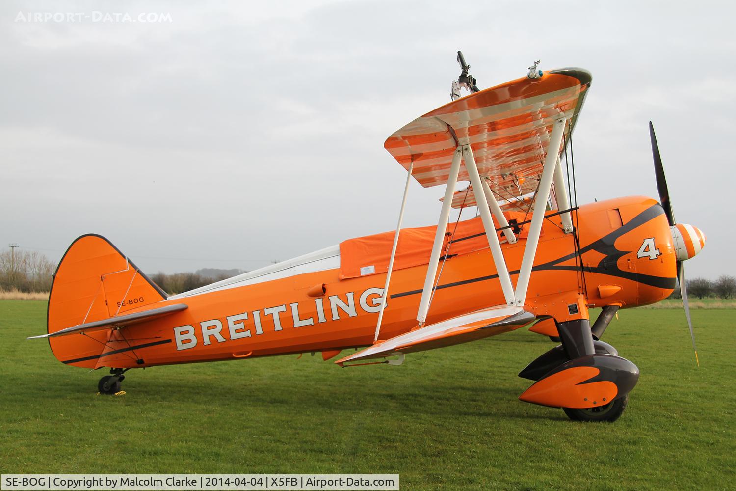 SE-BOG, 1942 Boeing N2S-3 Kaydet (B75N1) C/N 75-7128, The Breitling Teams Boeing B-75N-1 SE-BOG, overnighting at Fishburn prior to a first UK performance in 2014 at Littlehaven's Promenade & Seawall opening celebrations, South Shields. April 5th 2014.