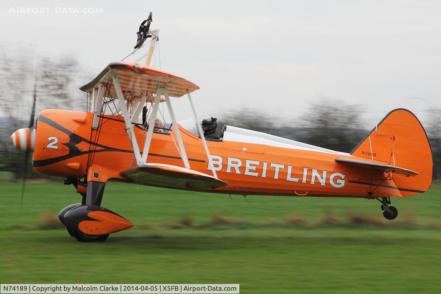 N74189, 1941 Boeing PT-17/R985 Kaydet (A75N1) C/N 75-717, The Breitling Teams Boeing PT-17 N74189 , overnighting at Fishburn prior to a first UK performance in 2014 at Littlehaven's Promenade & Seawall opening celebrations, South Shields. April 5th 2014.