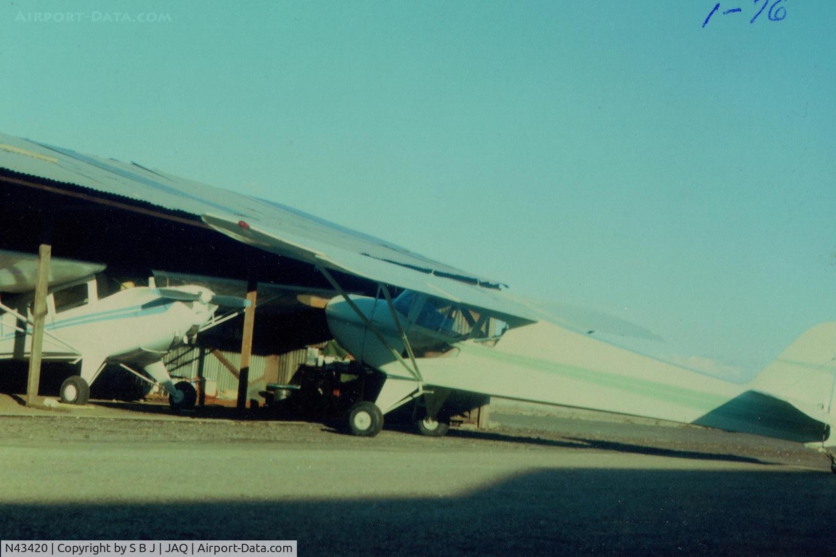 N43420, 1946 Taylorcraft BC12-D C/N 7079, 420 at my hangar in Jackson,Ca in 1976. Unfortunately both planes are not on active registration in 2014. Both were excellent flying planes.