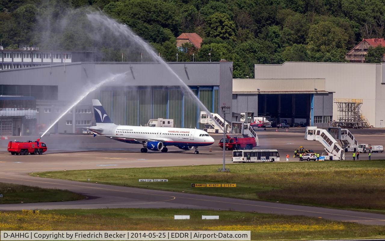 D-AHHG, 1997 Airbus A320-214 C/N 730, First flight of Hamburg Airways to Saarbrücken! D-AHHG came in from Antalya to Saarbrücken to get its welcome shower.