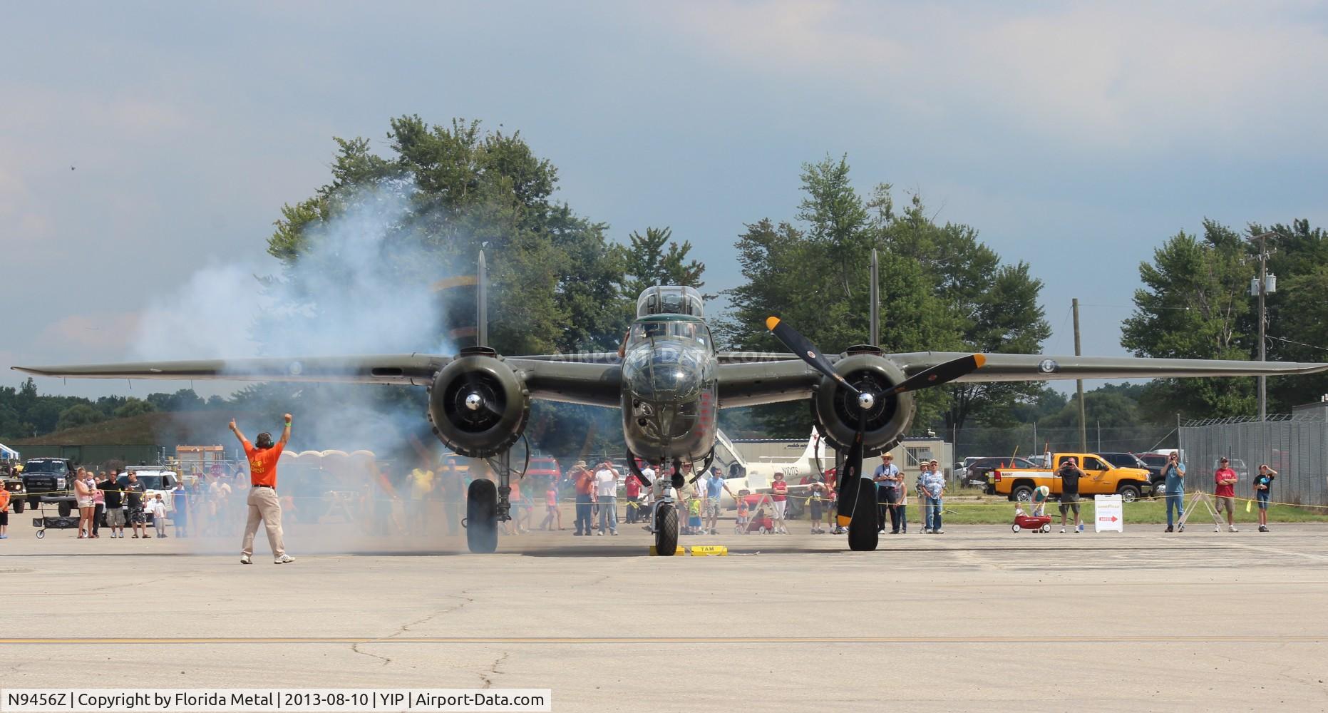 N9456Z, 1943 North American TB-25N Mitchell C/N 108-33214, Briefing Time B-25 smokey start at Thunder Over Michigan