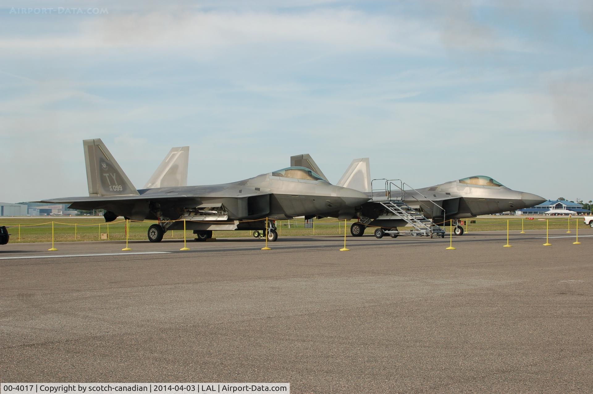 00-4017, Lockheed Martin F/A-22A Raptor C/N 4017, 2005 Lockheed Martin F-22A Raptor, 05-4099 and 00-4017, at 2014 Sun n Fun, Lakeland Linder Regional Airport, Lakeland, FL