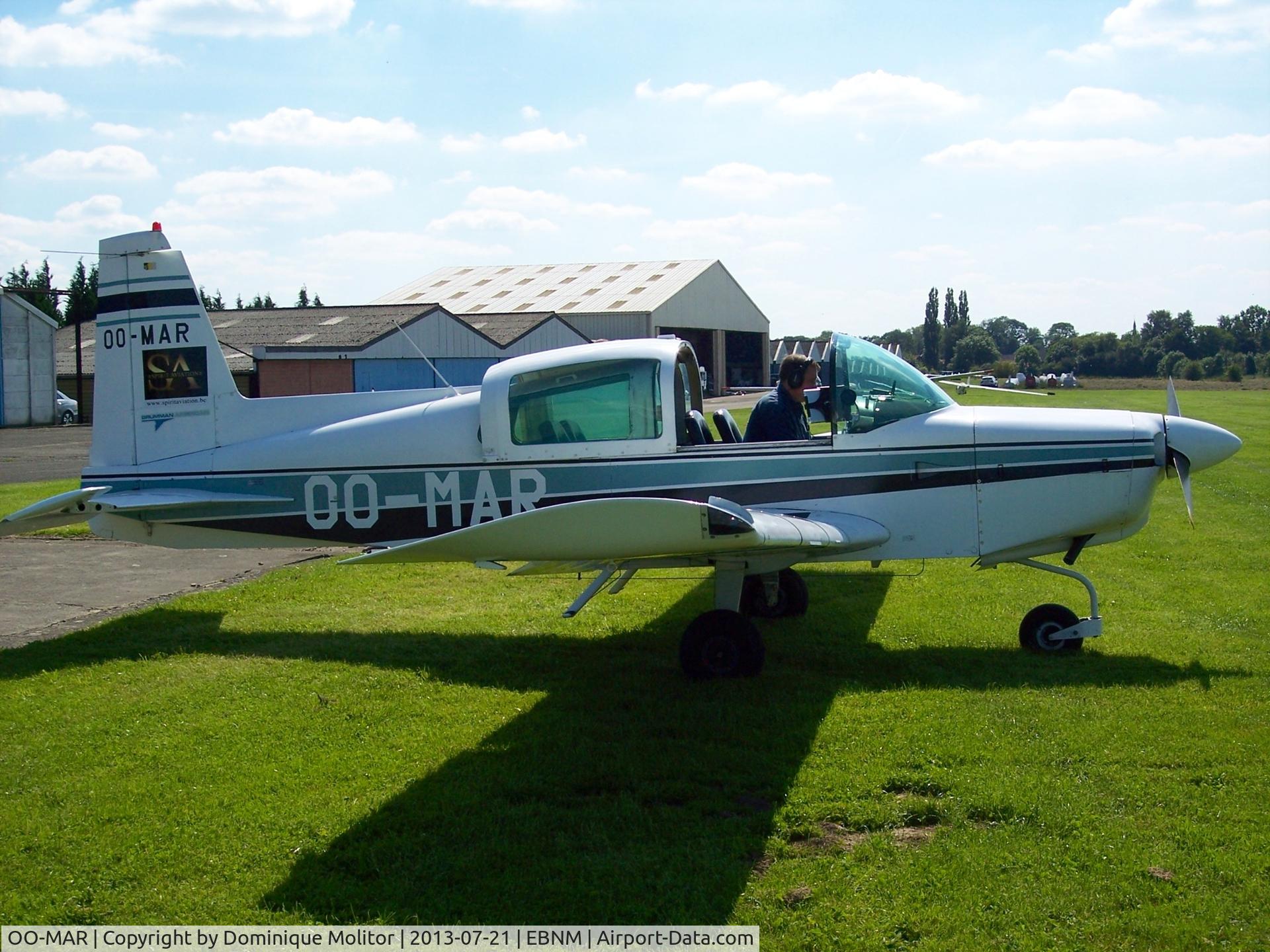 OO-MAR, 1973 Grumman American AA-5 Traveler C/N AA5-0424, Since april 2013, the Grumman AA5 Traveler owned by AIRSK is now located at EBNM after being previously based at EBLG airport for more than one year.