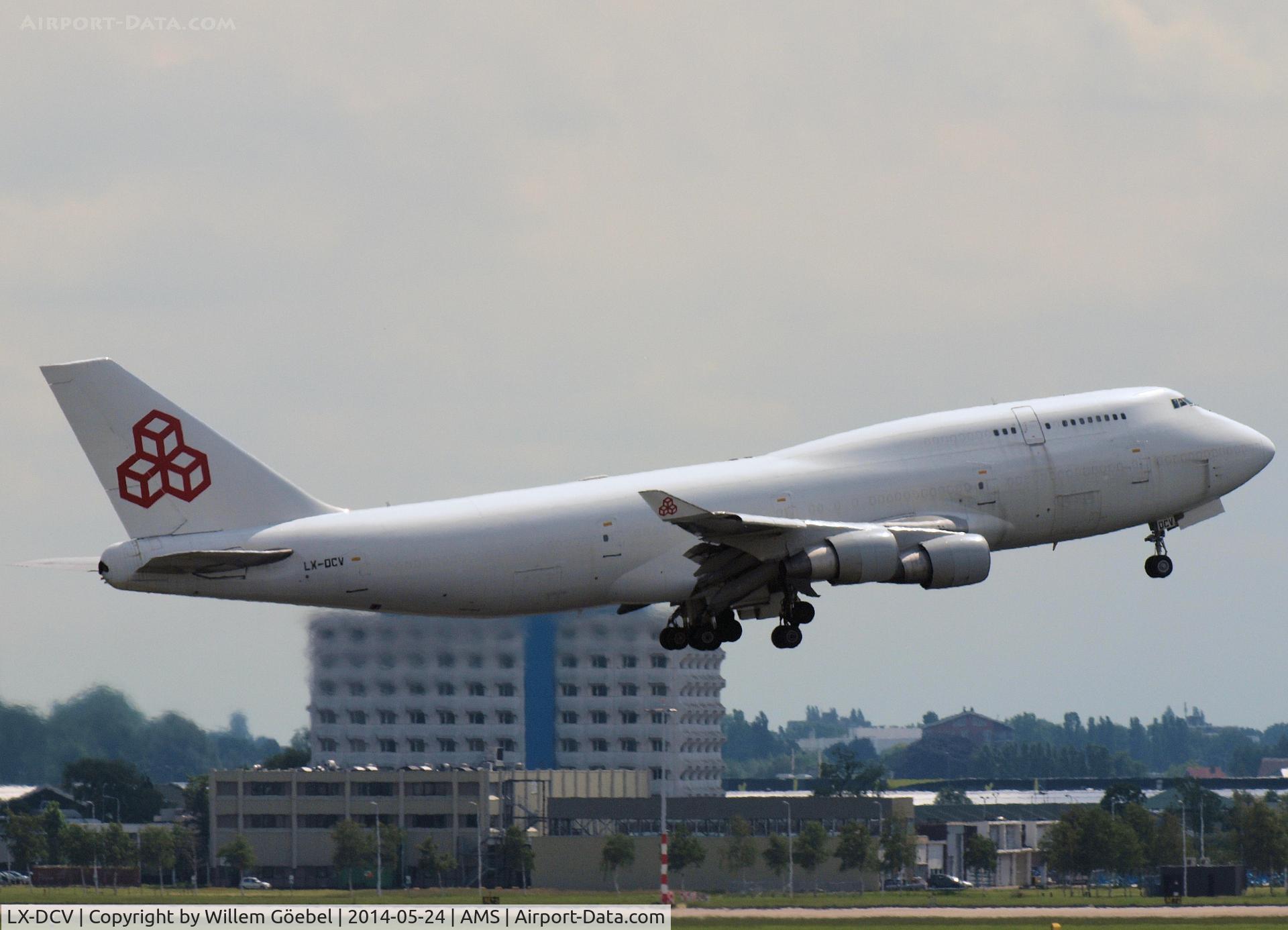 LX-DCV, 1990 Boeing 747-4B5F/SCD C/N 24619, Take of from runway L18 of Schiphol Airport
