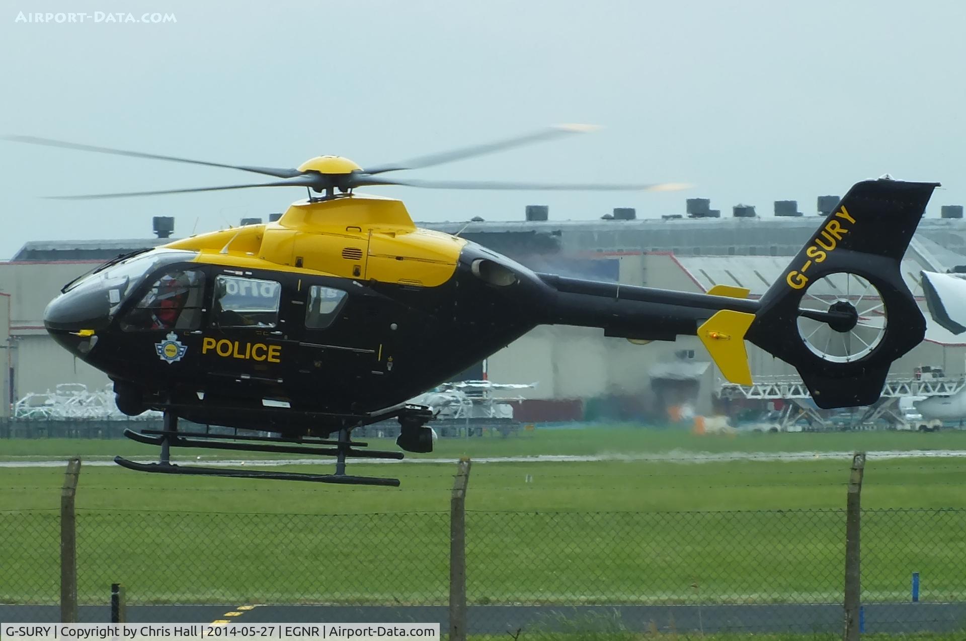 G-SURY, 2003 Eurocopter EC-135T-2 C/N 0283, departing from Hawarden after maintainence