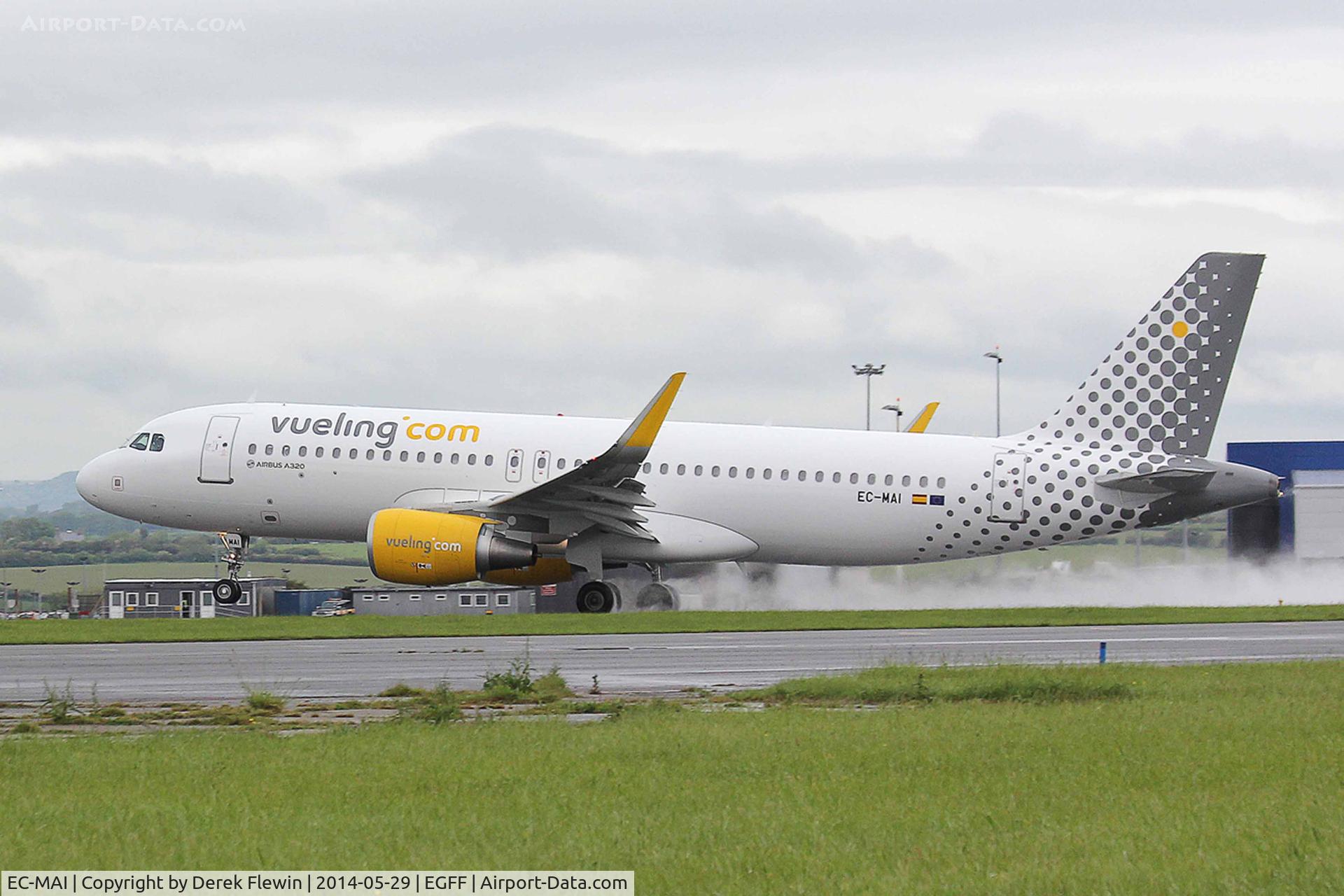 EC-MAI, 2014 Airbus A320-214 C/N 6045, Callsign, Vueling 1260, landing on runway 30 at EGFF, out of Malaga.
