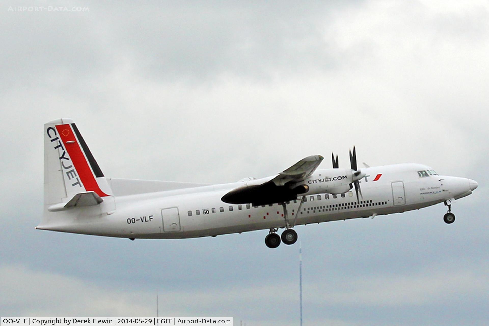 OO-VLF, 1991 Fokker 50 C/N 20208, Callsign, City Ireland 86C, seen departing runway 12 at EGFF, en-route Erly.
