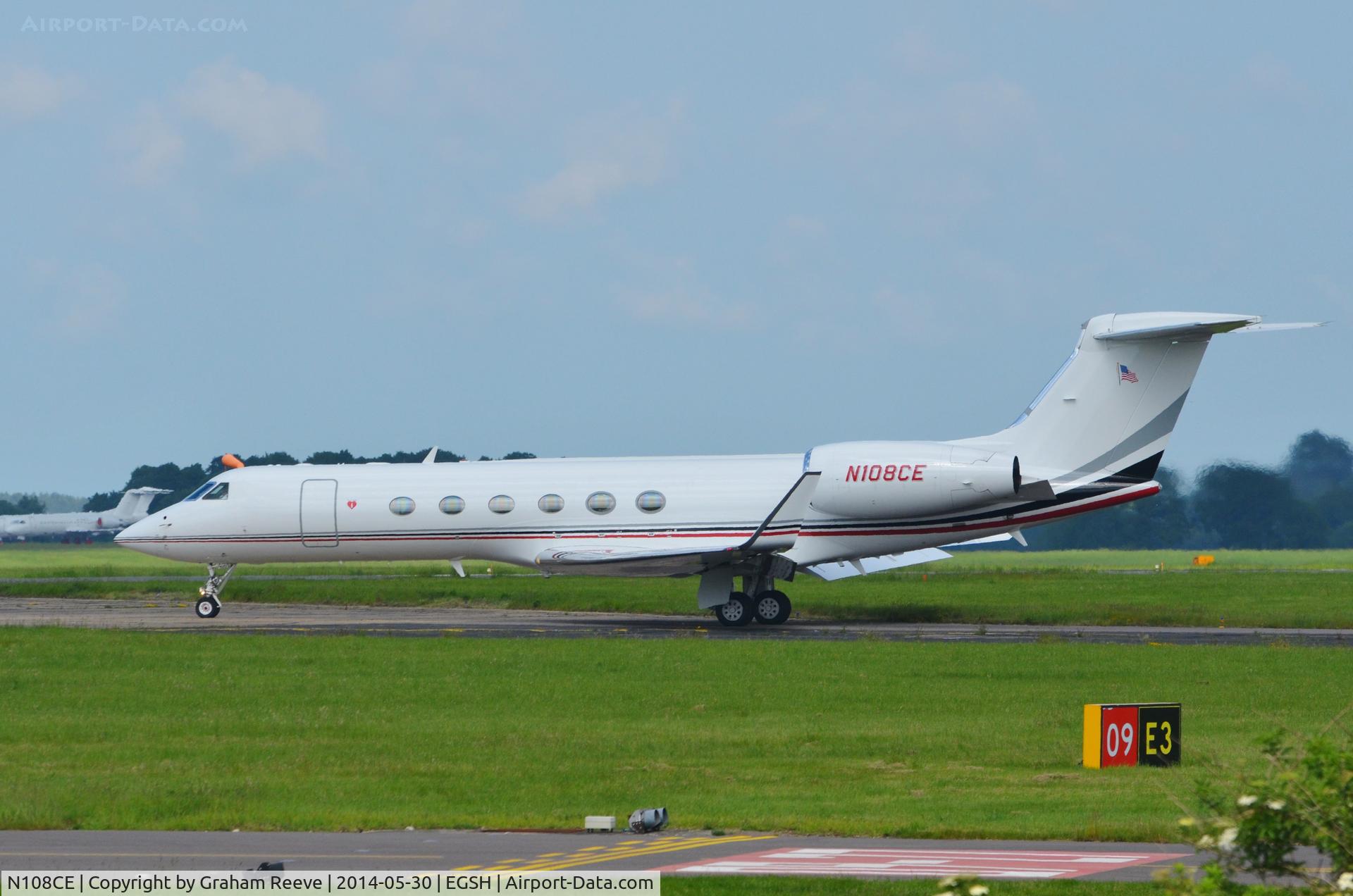 N108CE, 1998 Gulfstream Aerospace G-V C/N 561, About to depart from Norwich.