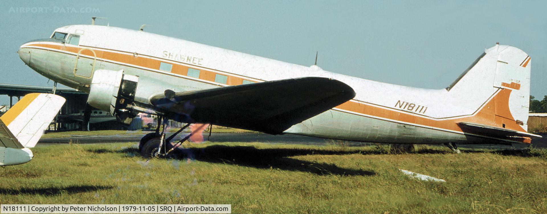 N18111, 1935 Douglas DC-3A-197 C/N 1983, This Shawnee Airlines C-47A was seen at Sarasota in November 1979.