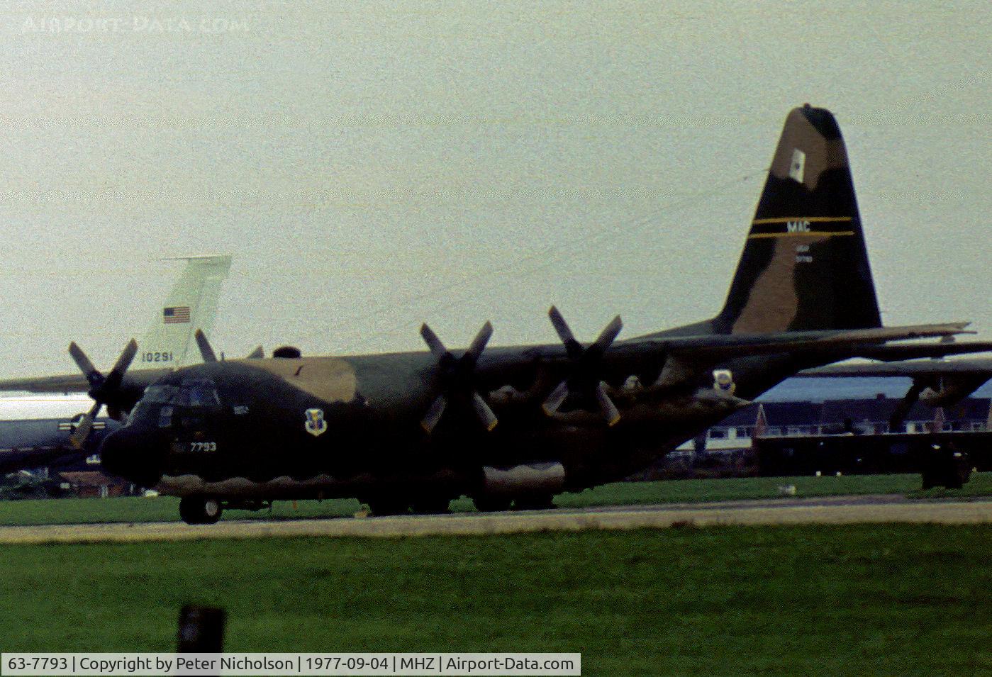 63-7793, 1963 Lockheed C-130E Hercules C/N 382-3872, C-130E Hercules of the 317th Tactical Airlift Wing at Pope Air Force Base on detachment to RAF Mildenhall in September 1977.