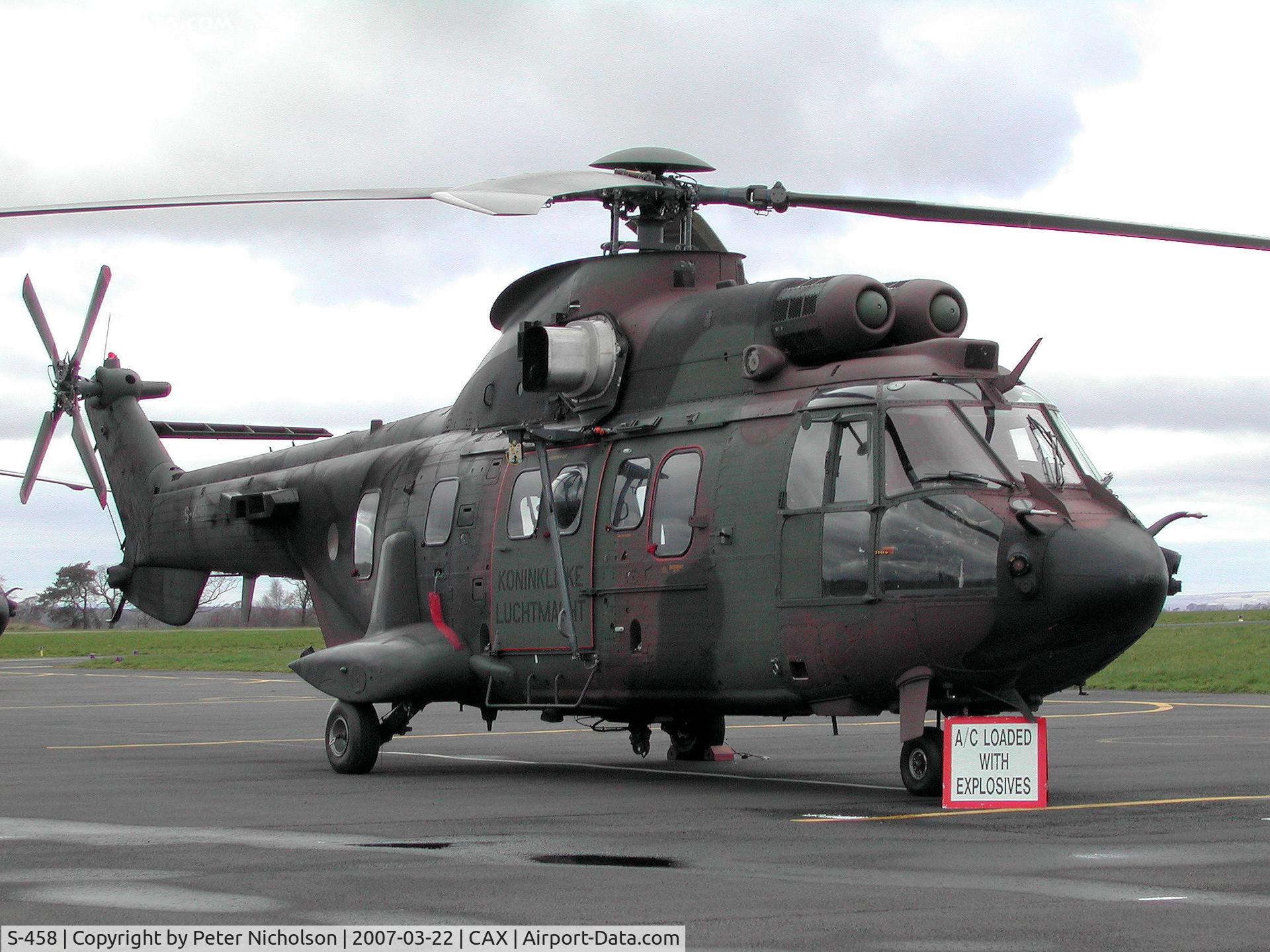 S-458, Eurocopter AS-532U2 Cougar C/N 2458, This Royal Netherlands Air Force AS.532U-2 Cougar, callsign Wildcat, of 300 Squadron was seen at Carlisle in the Spring of 2007.
