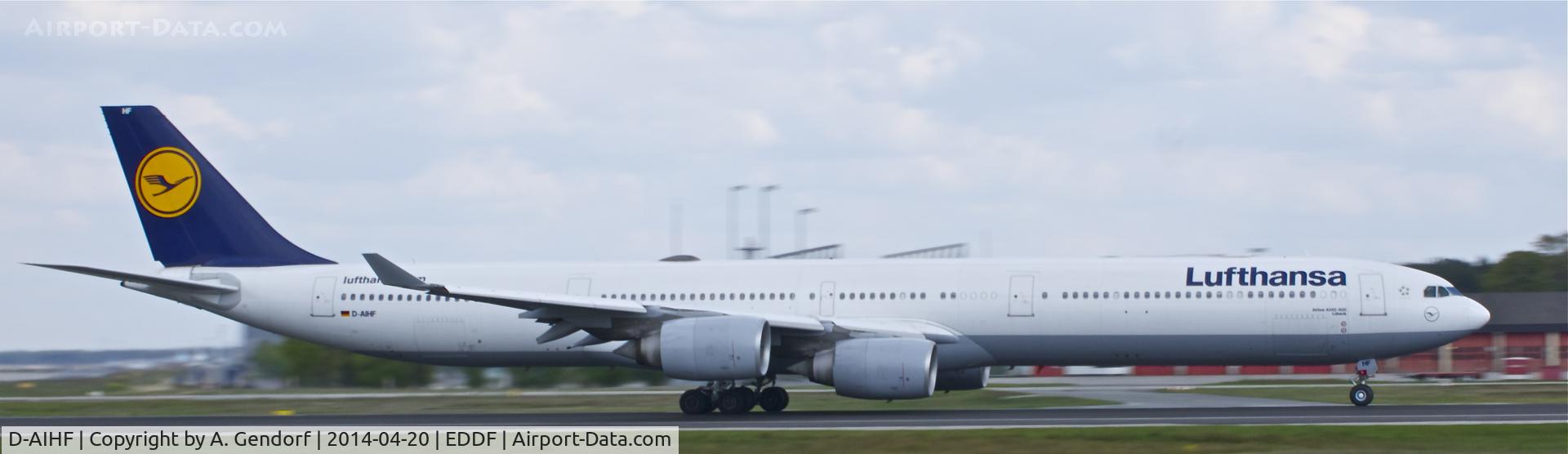 D-AIHF, 2003 Airbus A340-642 C/N 543, Lufthansa, is here departing at Frankfurt Rhein/Main Int'l(EDDF), bound for Bogota(SKBO)