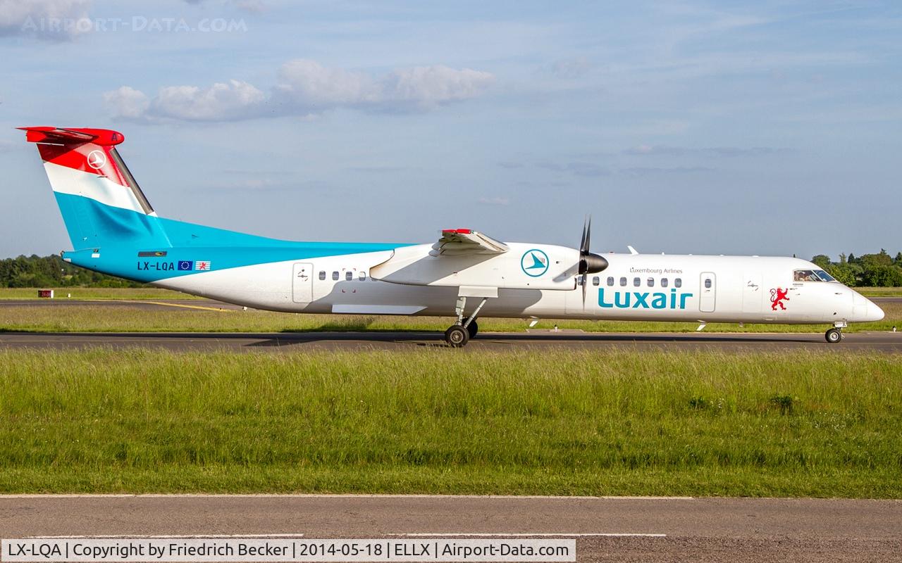 LX-LQA, 2014 De Havilland Canada DHC-8-402 Dash 8 C/N 4468, taxying to the active, RW06