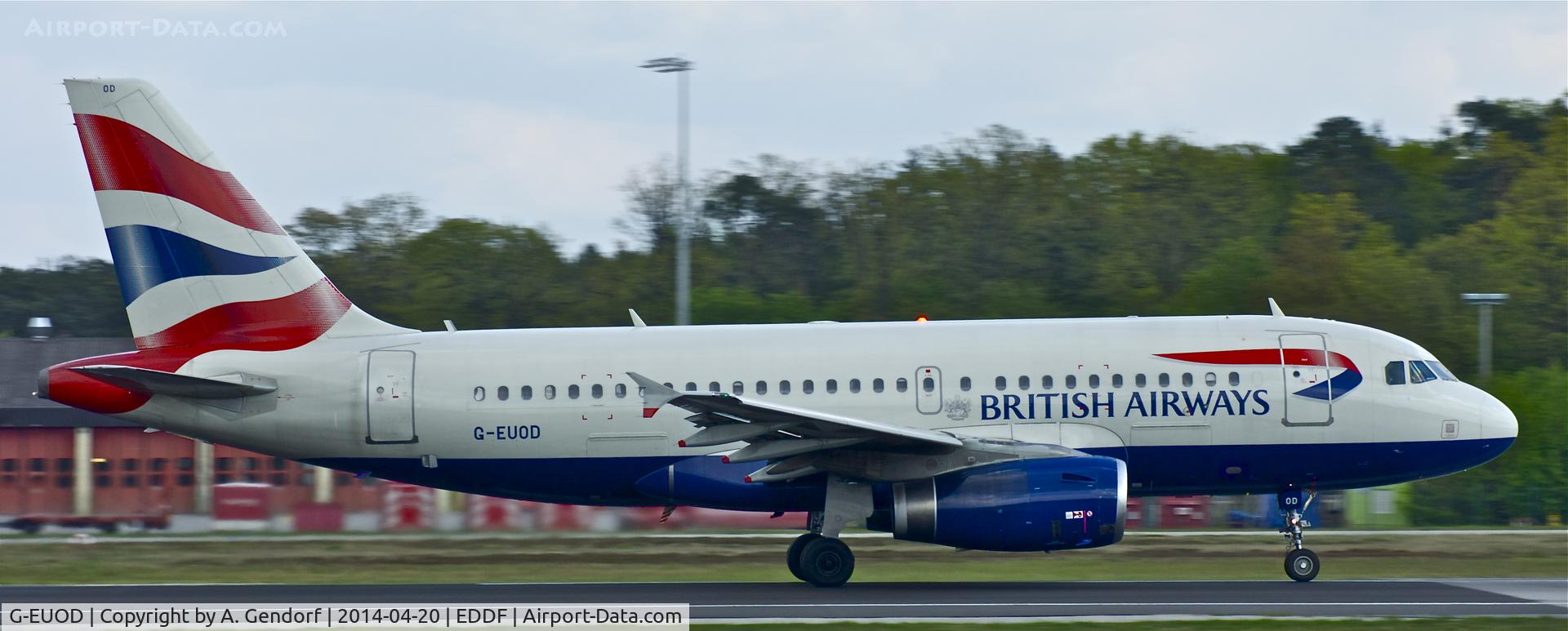 G-EUOD, 2001 Airbus A319-131 C/N 1558, British Airways, is seen here speeding up on RWY 18 at Frankfurt Rhein/Main Int'l(EDDF)