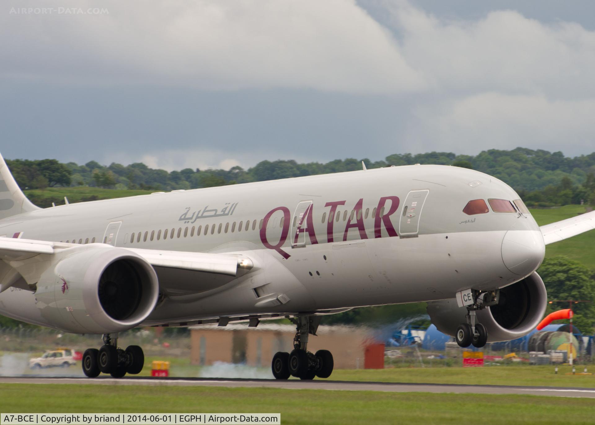 A7-BCE, 2013 Boeing 787-8 Dreamliner C/N 38323, Landing runway 24 at Edinburgh Airport