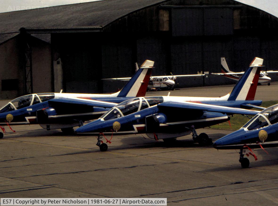 E57, Dassault-Dornier Alpha Jet E C/N E57, Alpha Jet E of the French Air Force's Patrouille de France aerobatic display team seen at the 1981 Intnl Air Tattoo at RAF Greenham Common.