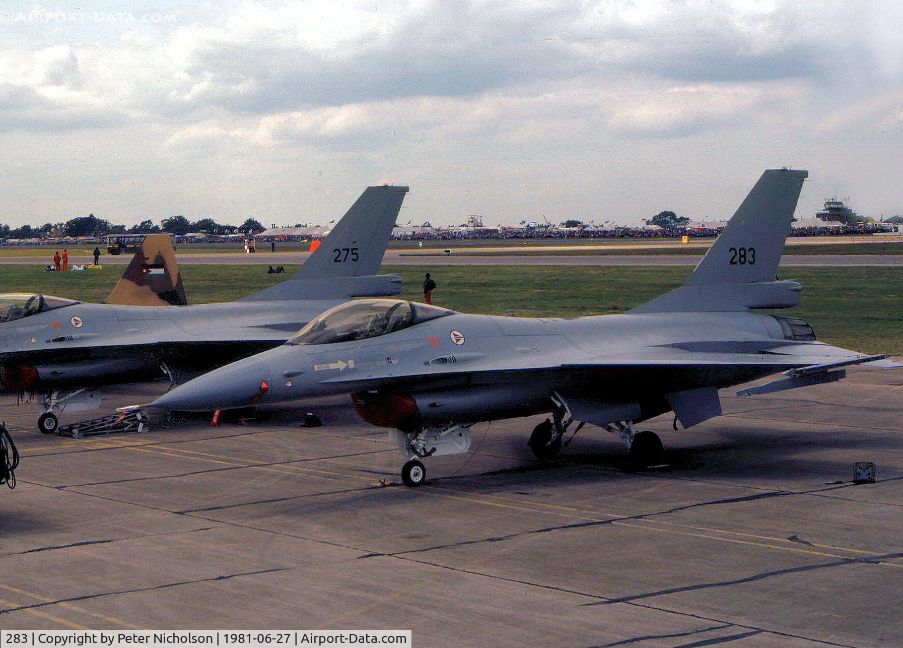283, 1978 General Dynamics F-16A Fighting Falcon C/N 6K-12, Royal Norwegian Air Force F-16A Fighting Falcon of 332 Skv on display at the 1981 Intnl Air Tattoo at RAF Greenham Common.