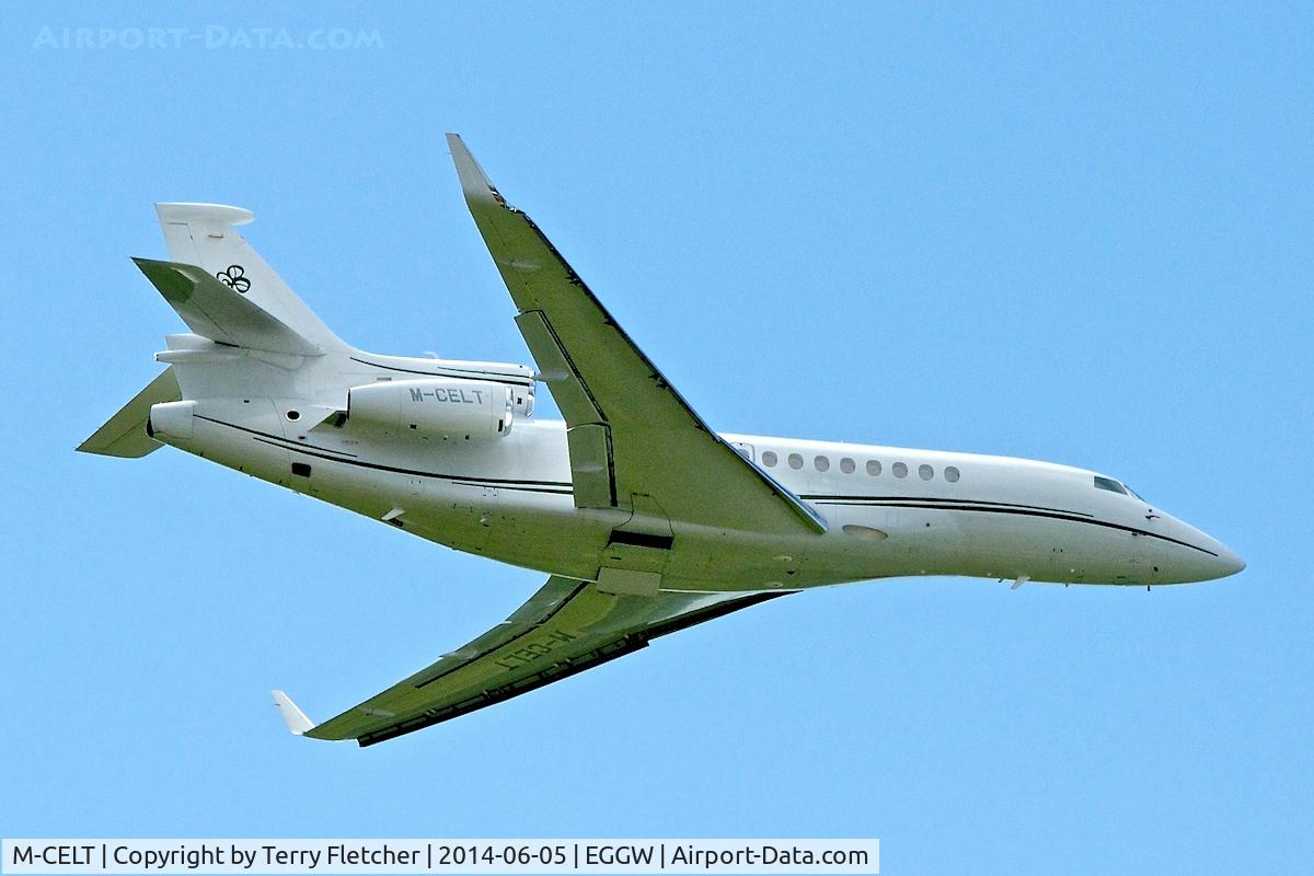 M-CELT, 2011 Dassault Falcon 7X C/N 110, 2011 Dassault Falcon 7X, c/n: 110 climbs out of Luton