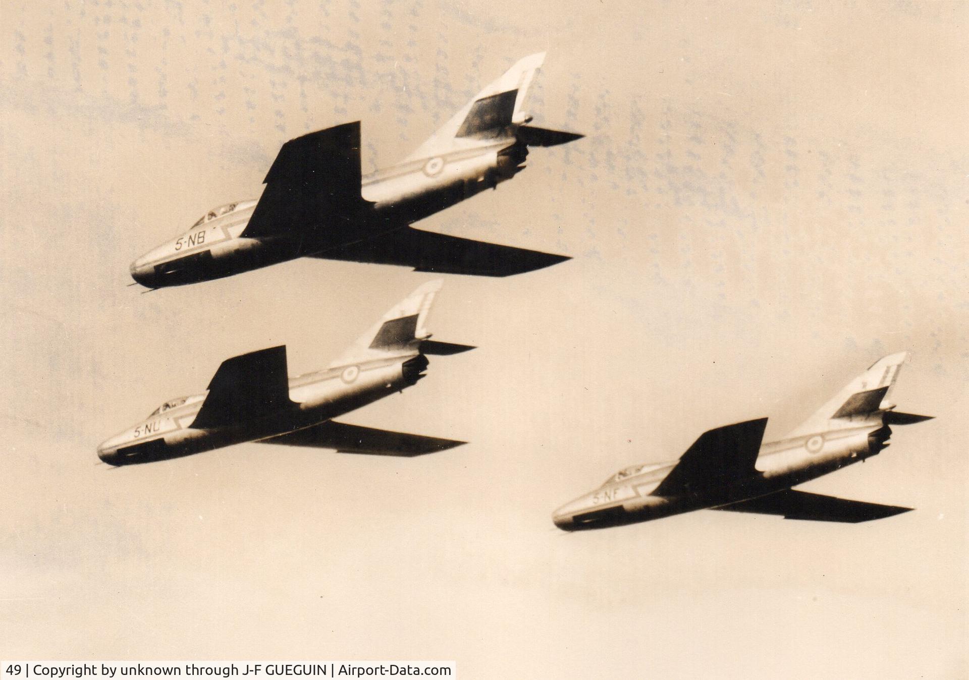 49, Dassault Super Mystère B.2 C/N 49, three Super Mystère B.2. With n° 49 (code 5-NB, F-UGNB), are seen n° unknown (code 5-NU, F-UGNU) (leader) and n° 96 (code 5-NF, F-UGNF) (right flanker) - Orange air base (France).