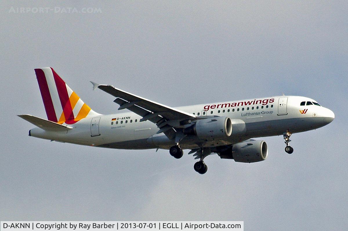 D-AKNN, 1999 Airbus A319-112 C/N 1136, Airbus A319-112 [1136] (Germanwings) Home~G 01/07/2013. On approach 27L.