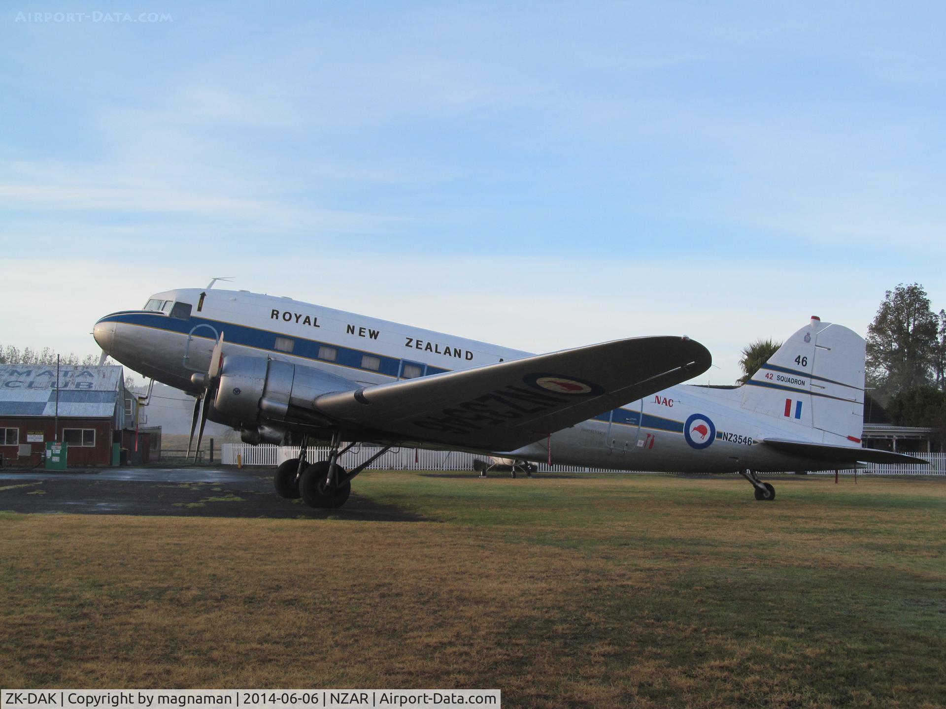 ZK-DAK, 1944 Douglas DC3C-S1C3G (C-47B) C/N 15035, enjoying morning sun at ardmore