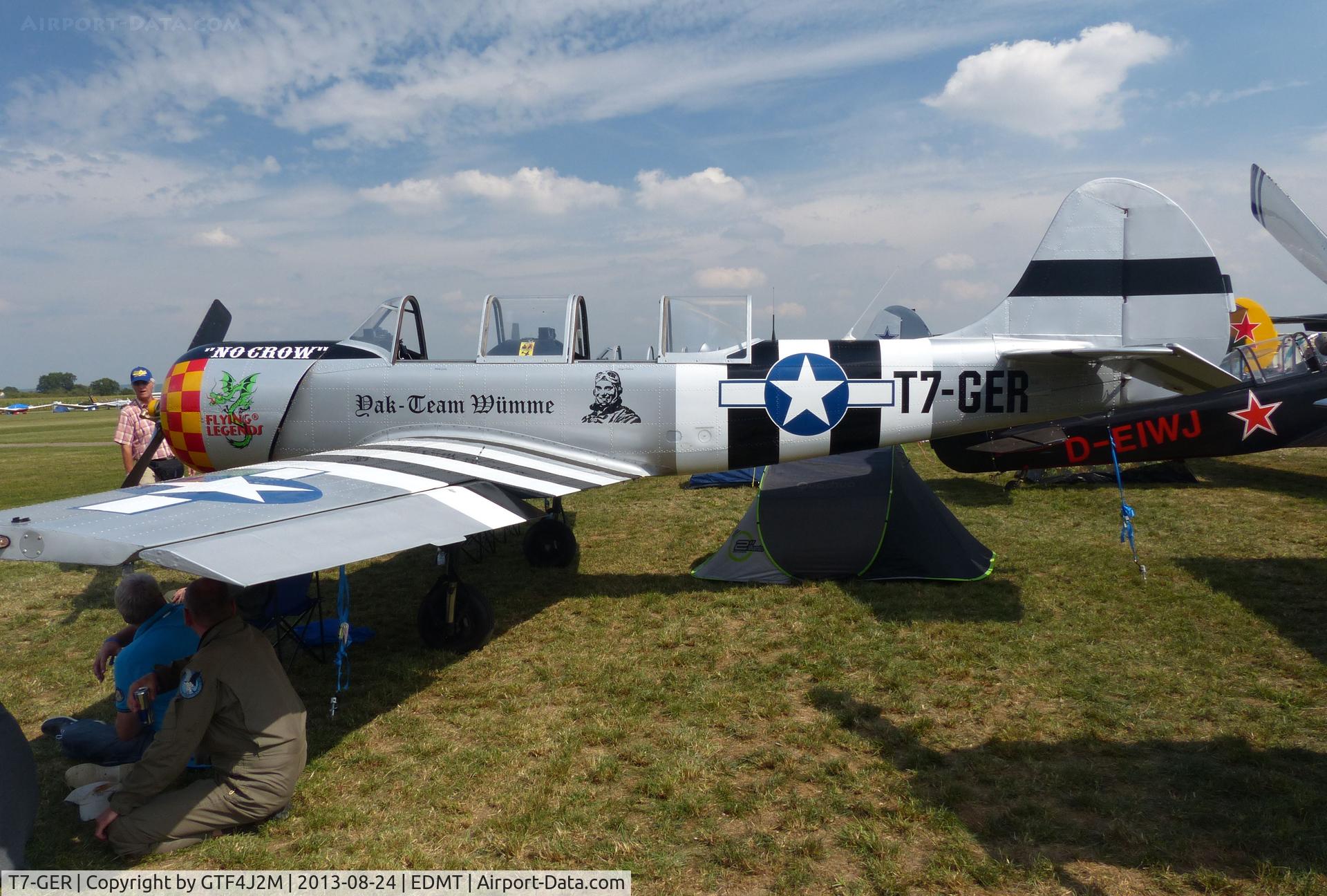 T7-GER, 1991 Yakovlev Yak-52 C/N 9111503, T7-GER 'No Crow' on USAAF c/s at Tannheim 24.8.13