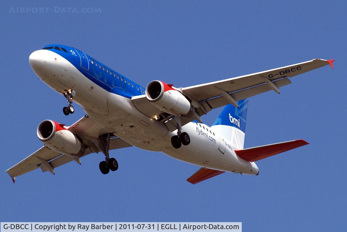 G-DBCC, 2004 Airbus A319-131 C/N 2194, Airbus A319-131 [2194] (bmi British Midland) Home~G 31/07/2011. On approach 27R now with flybmi.com titles on the fuselage.